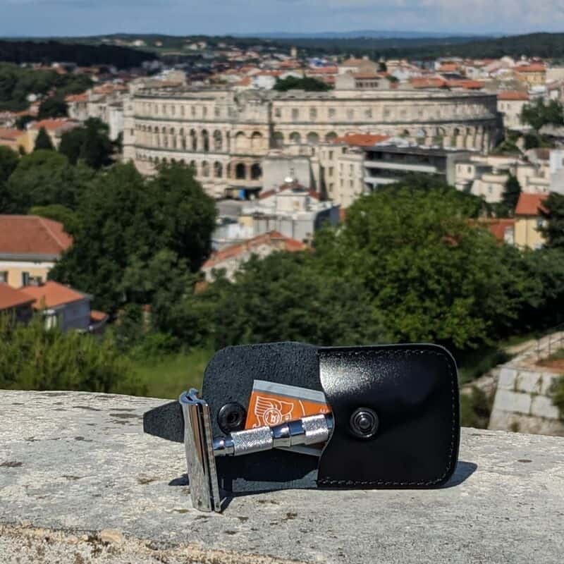 a merkur safety razor with pouch on holiday in Kroatia