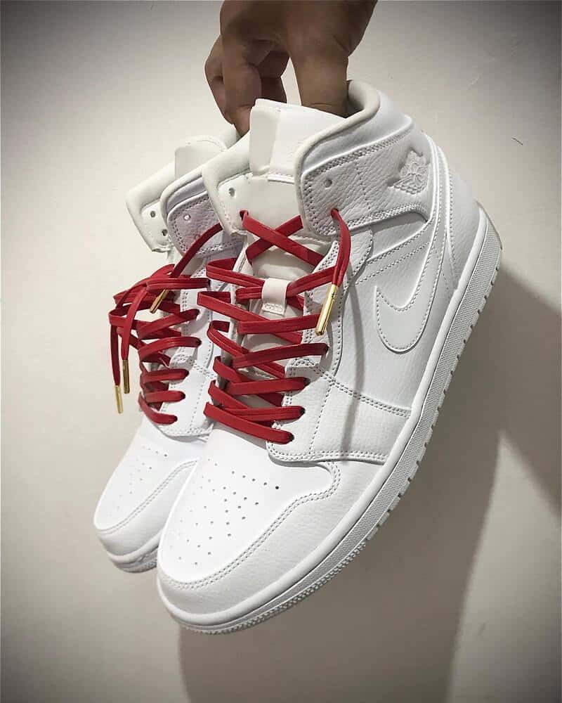using a red leather shoelace with gold tip for a triple white air jordan 1