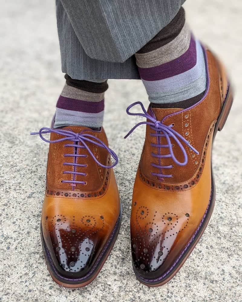 using a purple shoelace for a pair of brown brogues