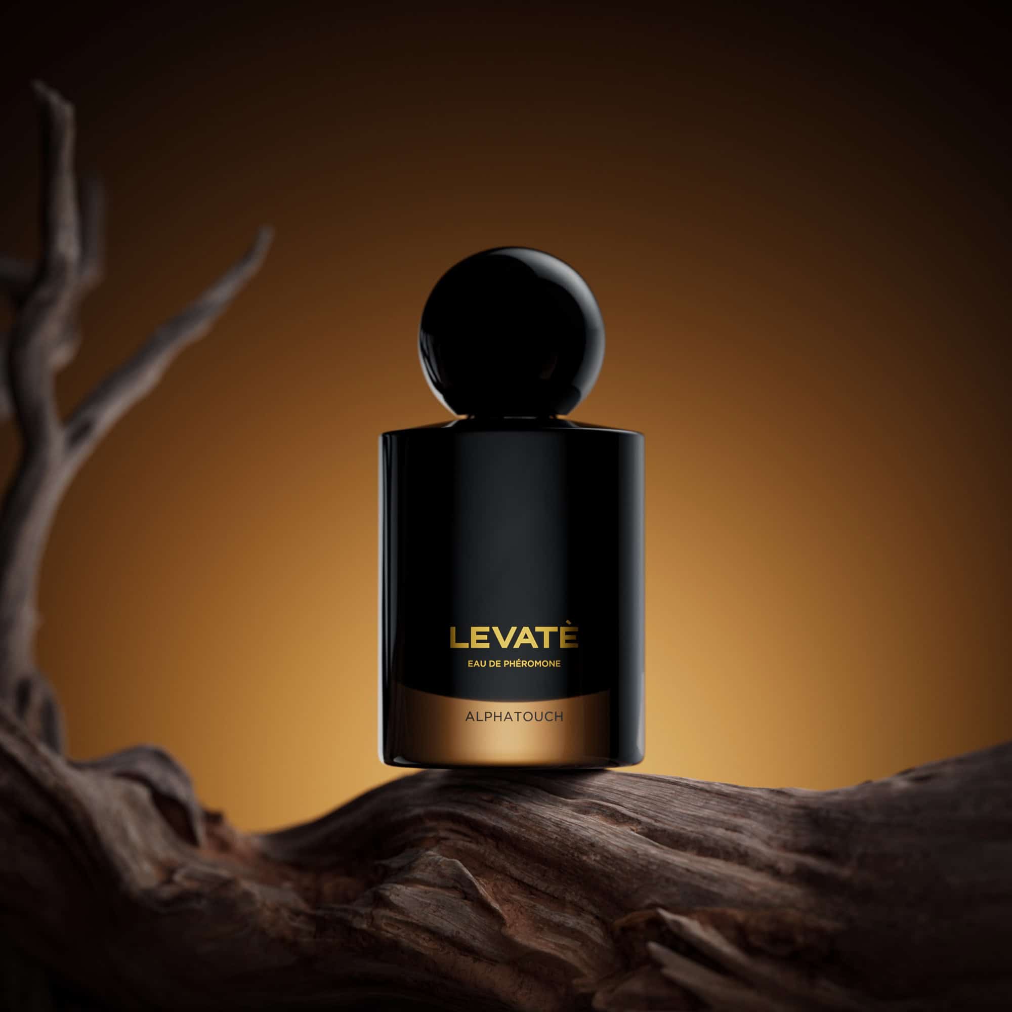 bottle of Levate from Alphatouch on some wood, backlit