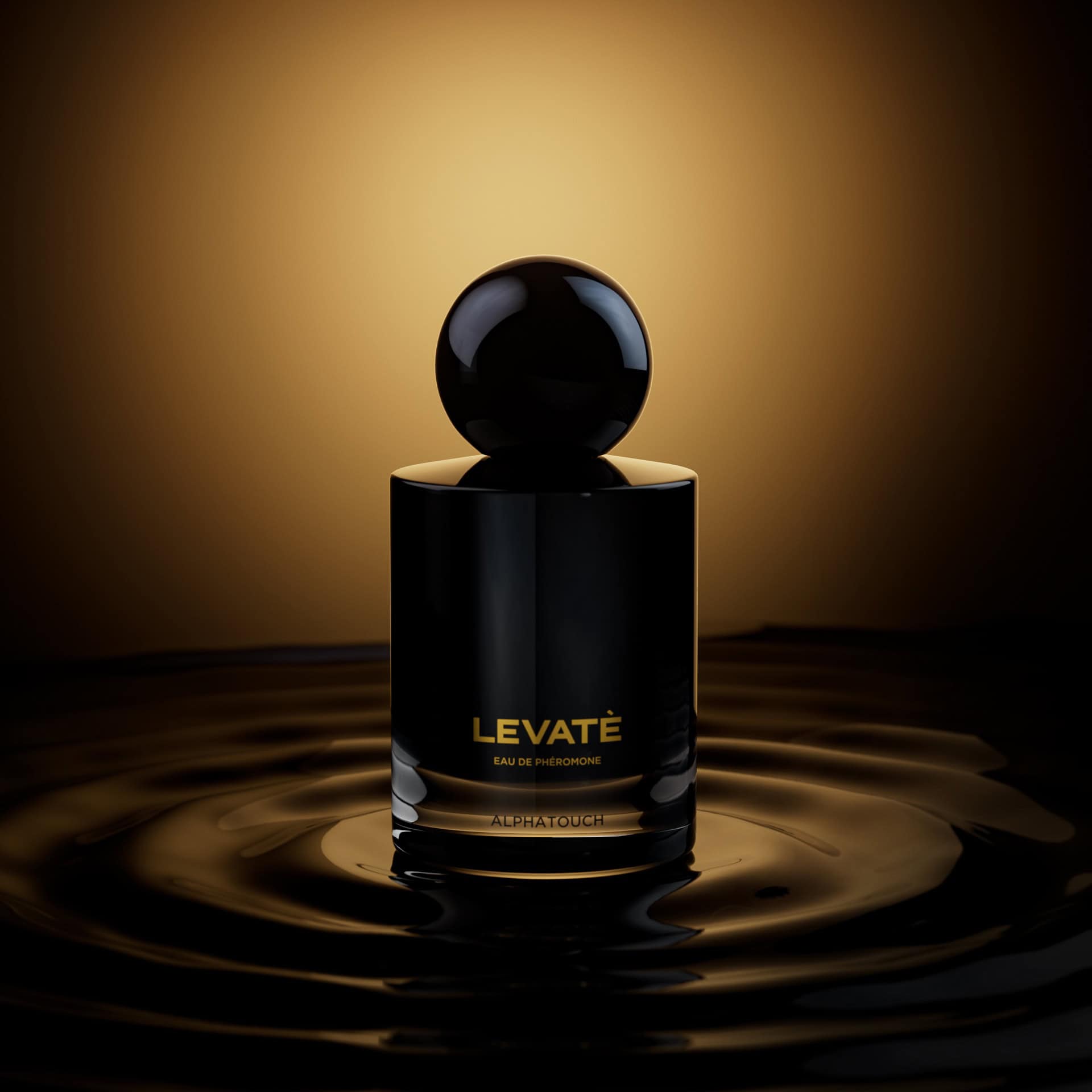 Bottle of LEVATE by AlphaTouch backlit in a ripple of water