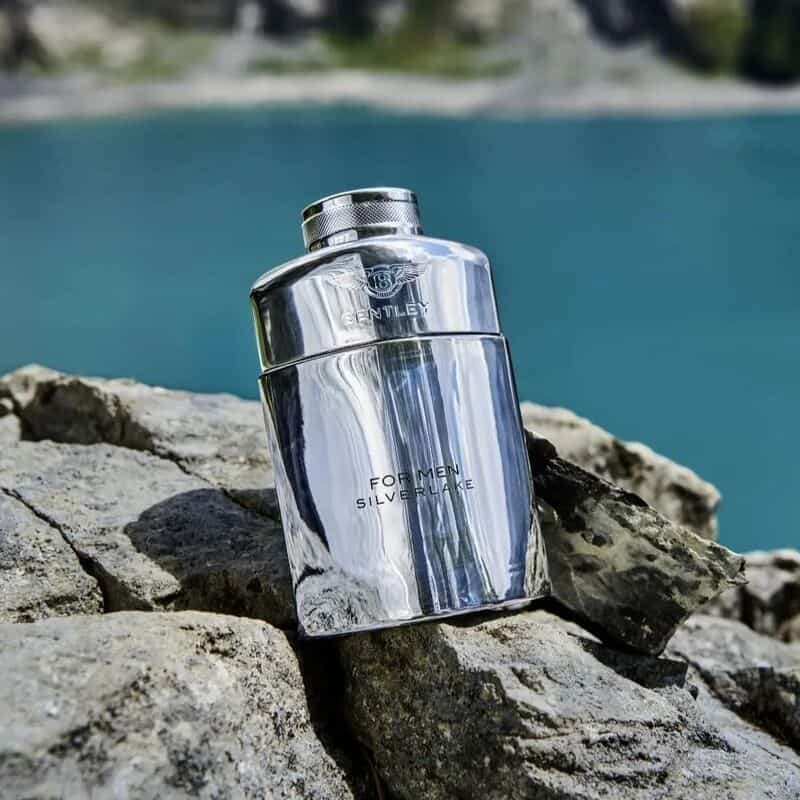 a bottle of bently silver on a rock beside a lake