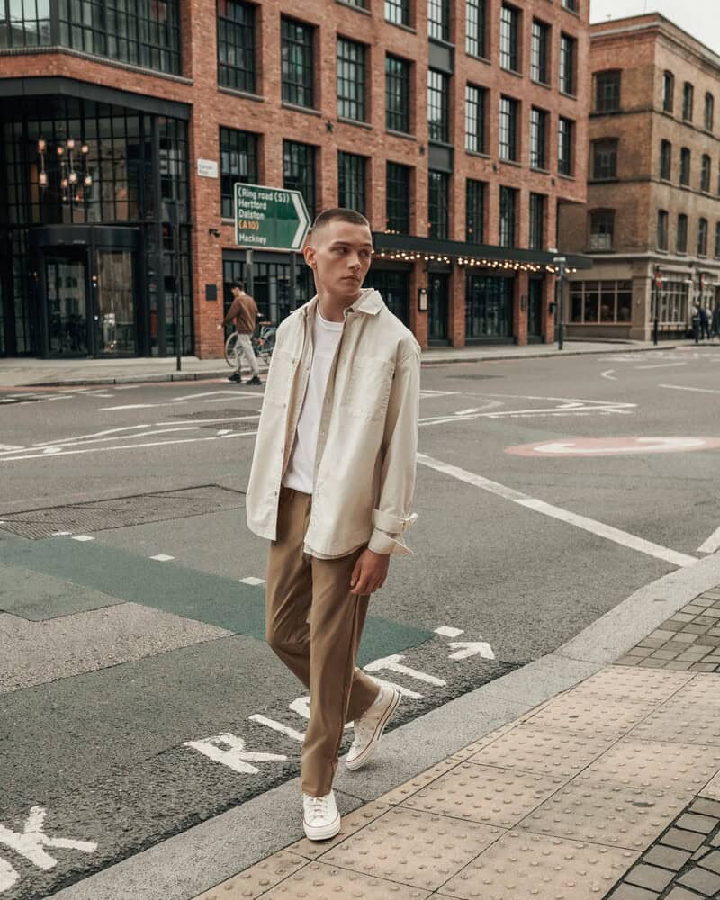 man on the streets wearing an overshirt and khaki chinos by dockers