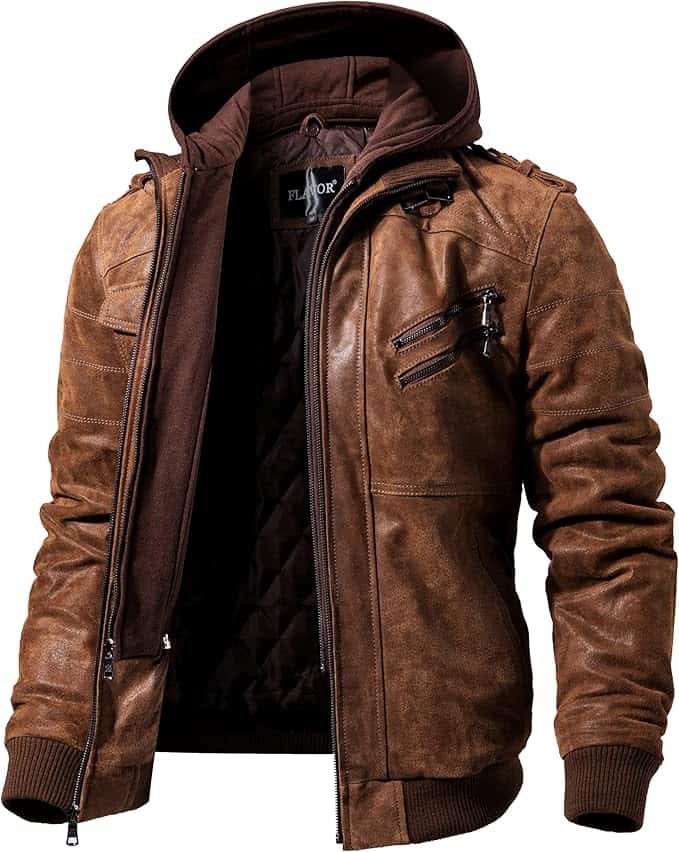 FLAVOR Men Brown Leather Motorcycle Jacket: best affordable leather jackets