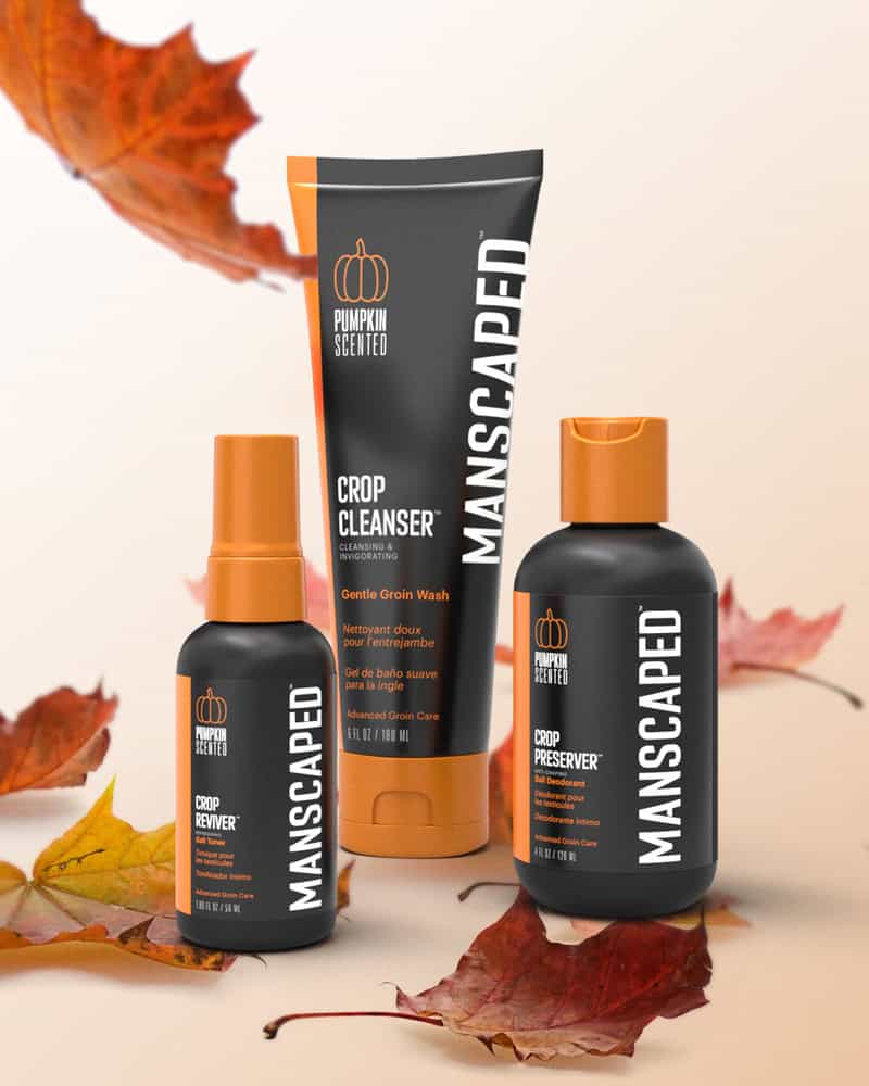 bottles of Manscaped Groin Care products in pumpkin scent