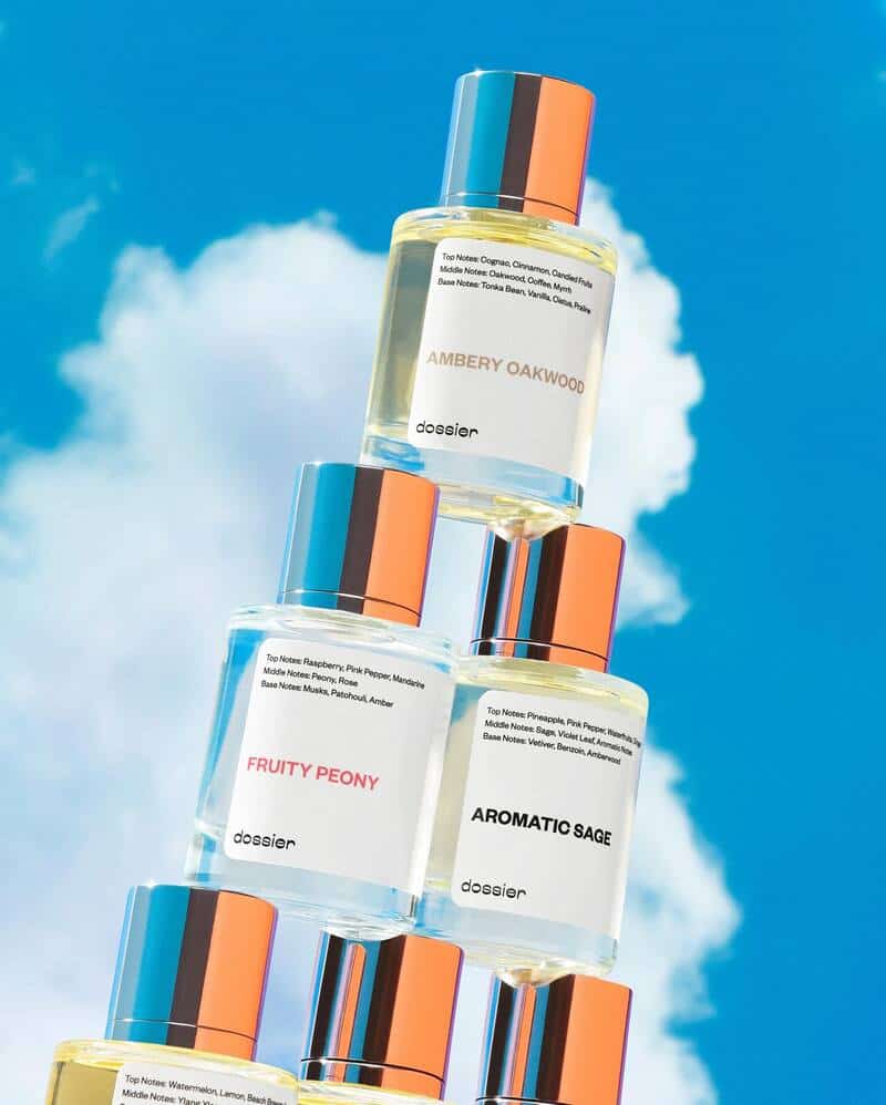 bottles of Dossier Colognes forming a pyramid