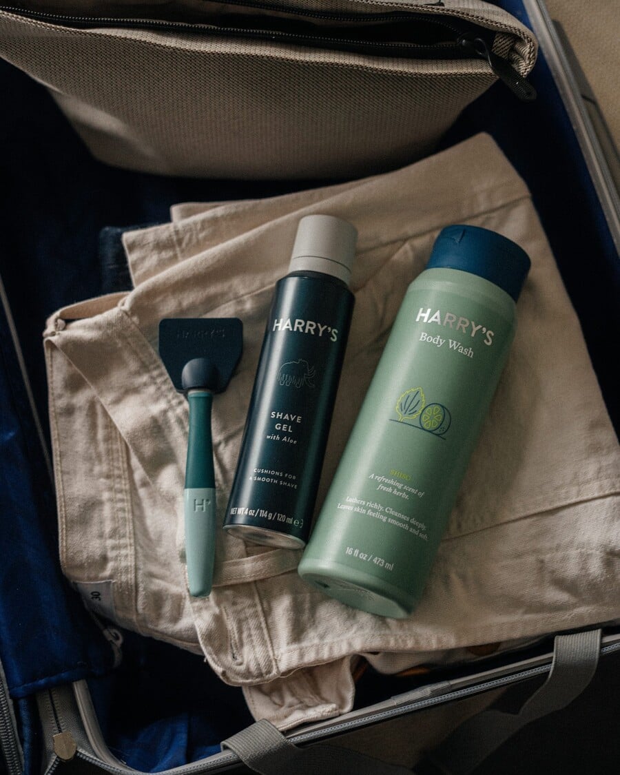 harry's Grooming essentials in a luggage