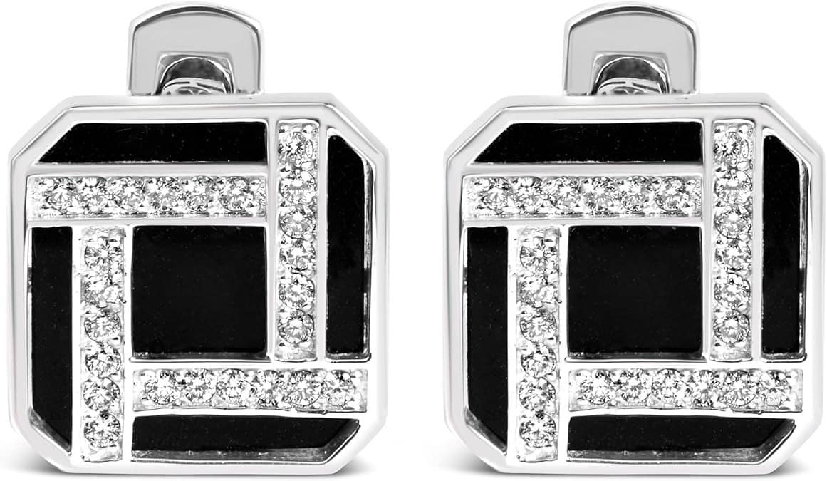 Haus of Brilliance 18K White Gold Diamond and Black Enamel Cufflinks