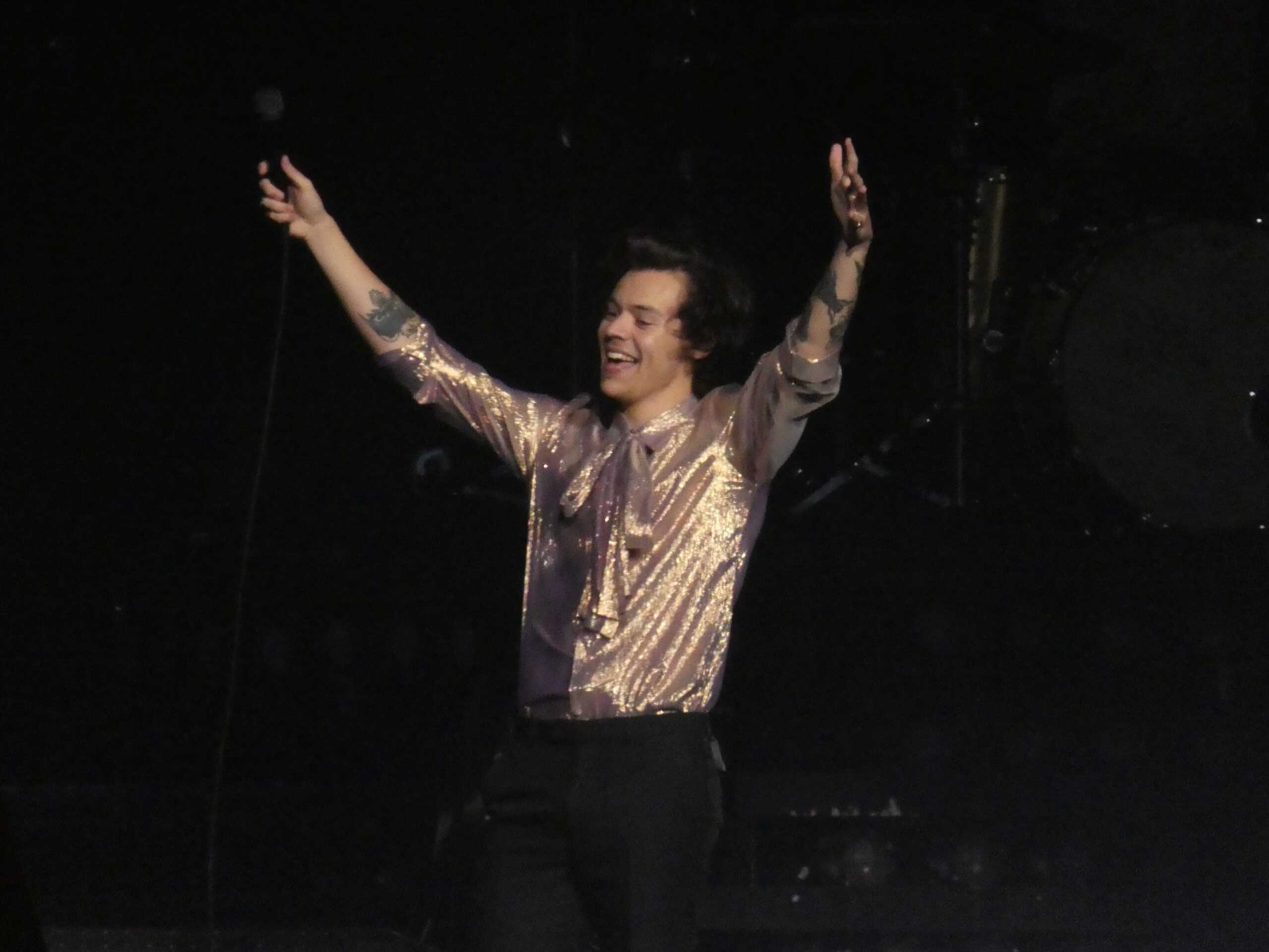 Harry Styles wearing shirt with ribbon tie