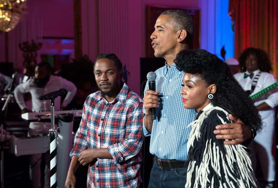 Kendrick Lamar, Barack Obama and Janelle Monáe at a 4th of July celebration at the White House in 2016