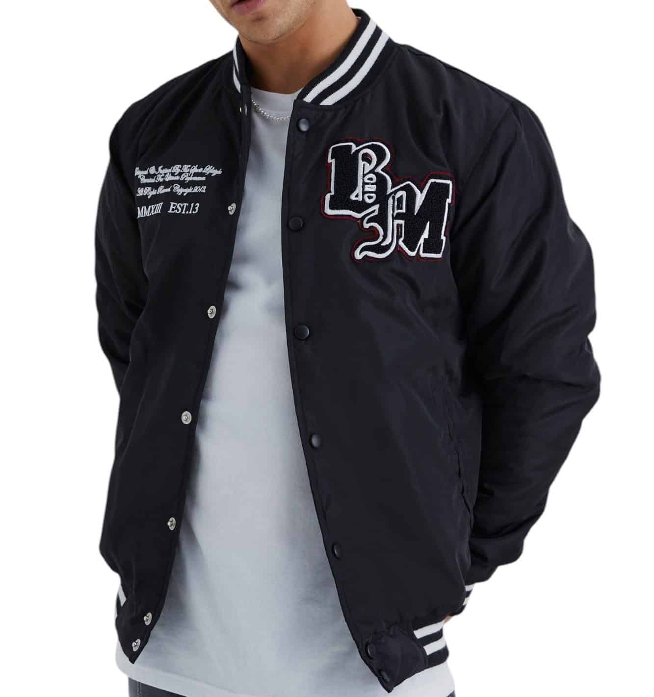 boohooMan Nylon Varsity Jacket With Badges