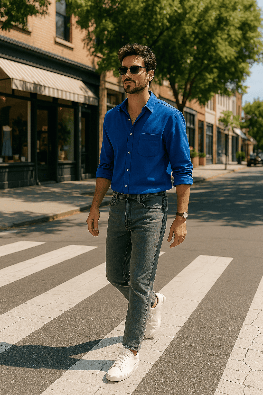 Man wearing a blue shirt, grey jeans and white shoes, outside on a street