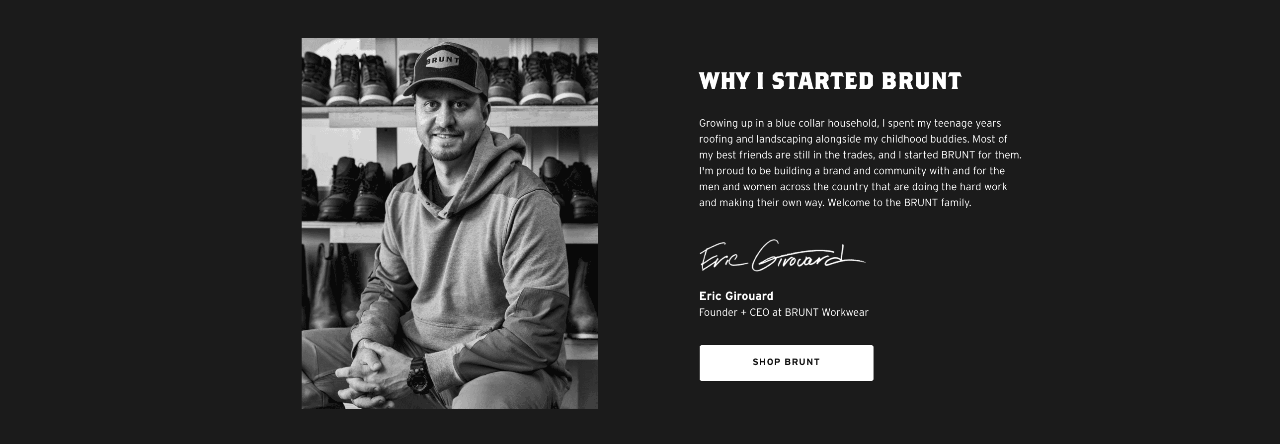 Brunt Boots homepage, image and blurb about the founder eric