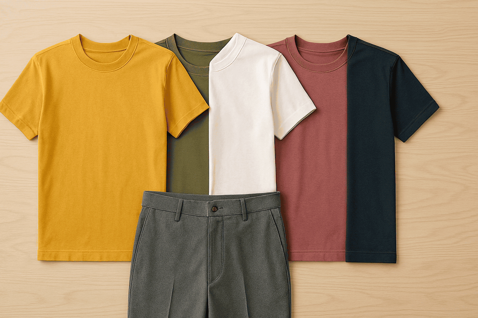 Flat lay of what color shirt goes with grey pants options