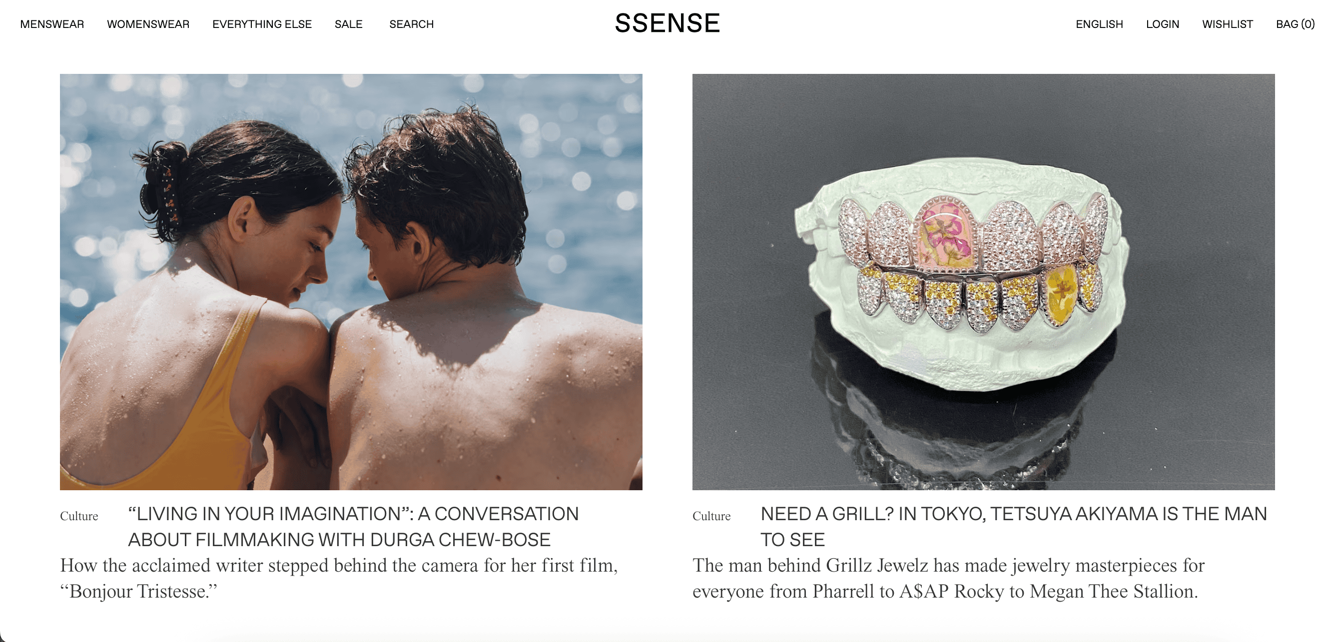 SSENSE homepage showing two new editorial articles