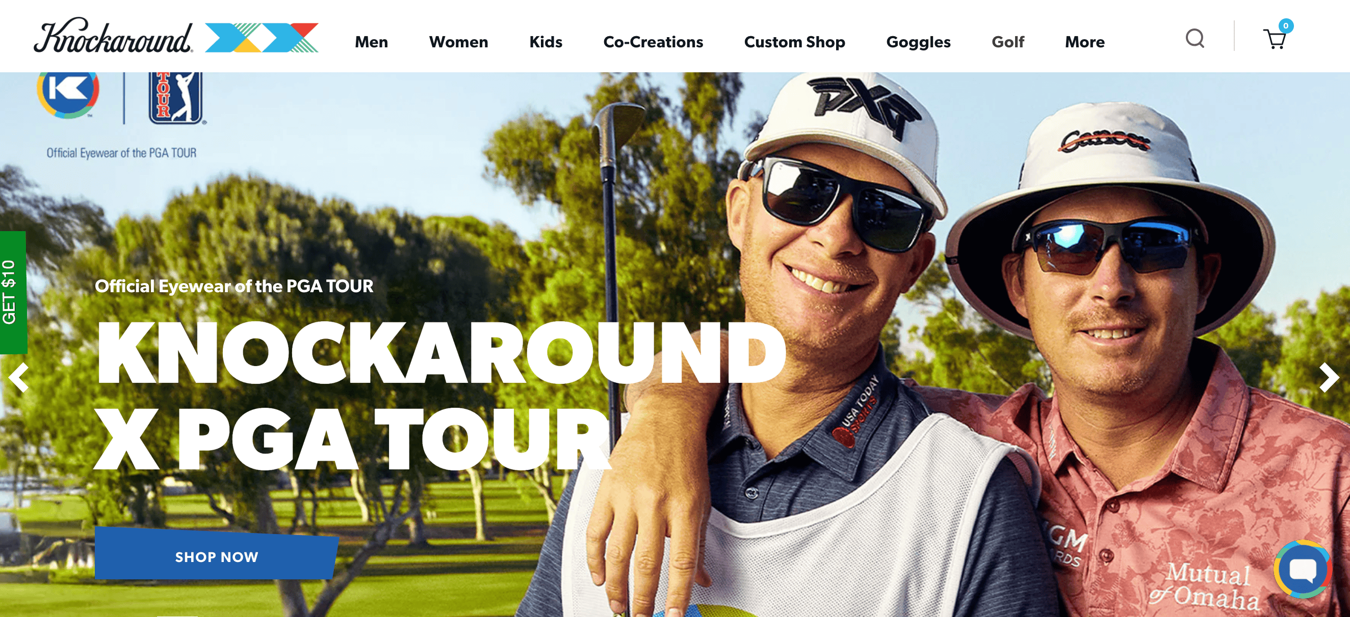 Knockaround sunglasses homepage featuring a pair of men wearing sport sunglasses