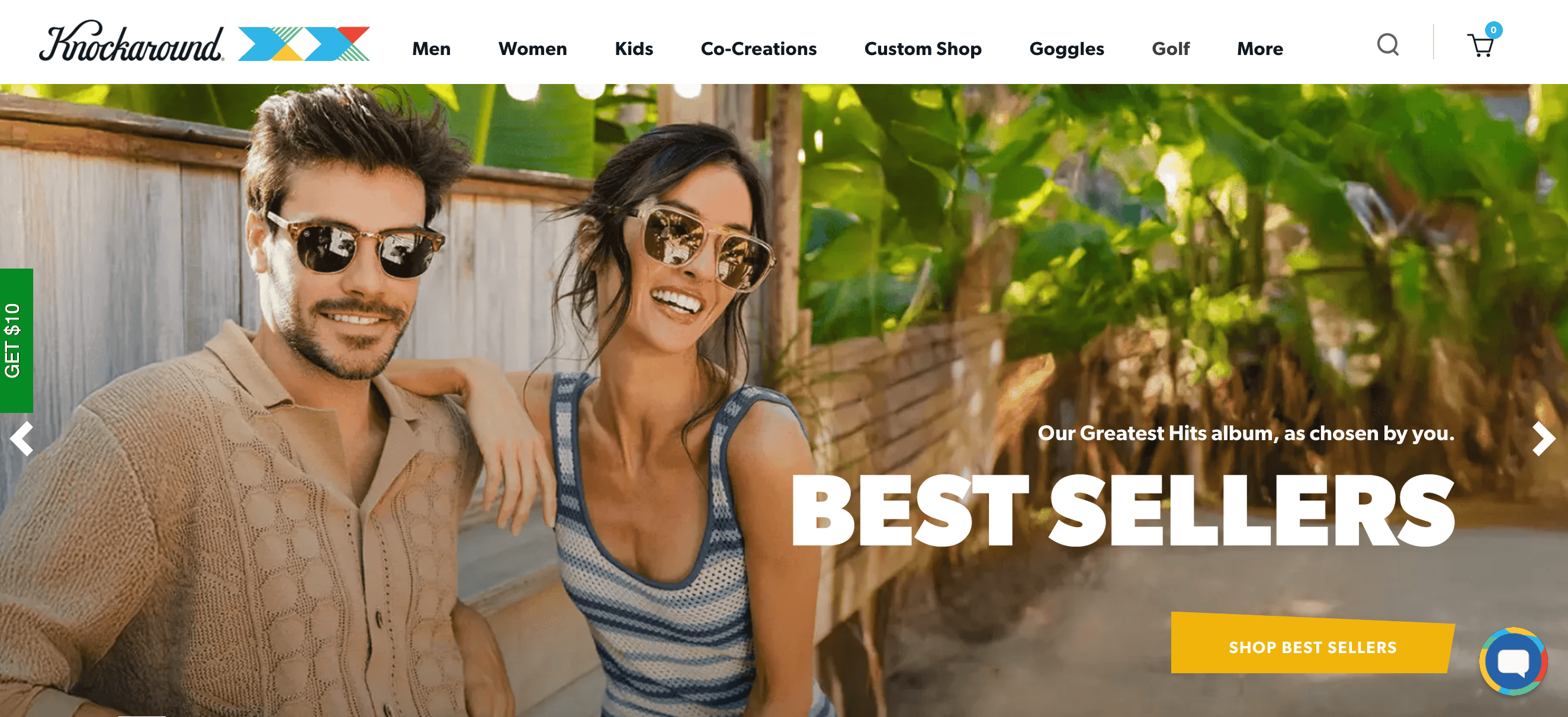 Knockaround sunglasses homepage featuring a man and a women outdoors wearing sunglasses