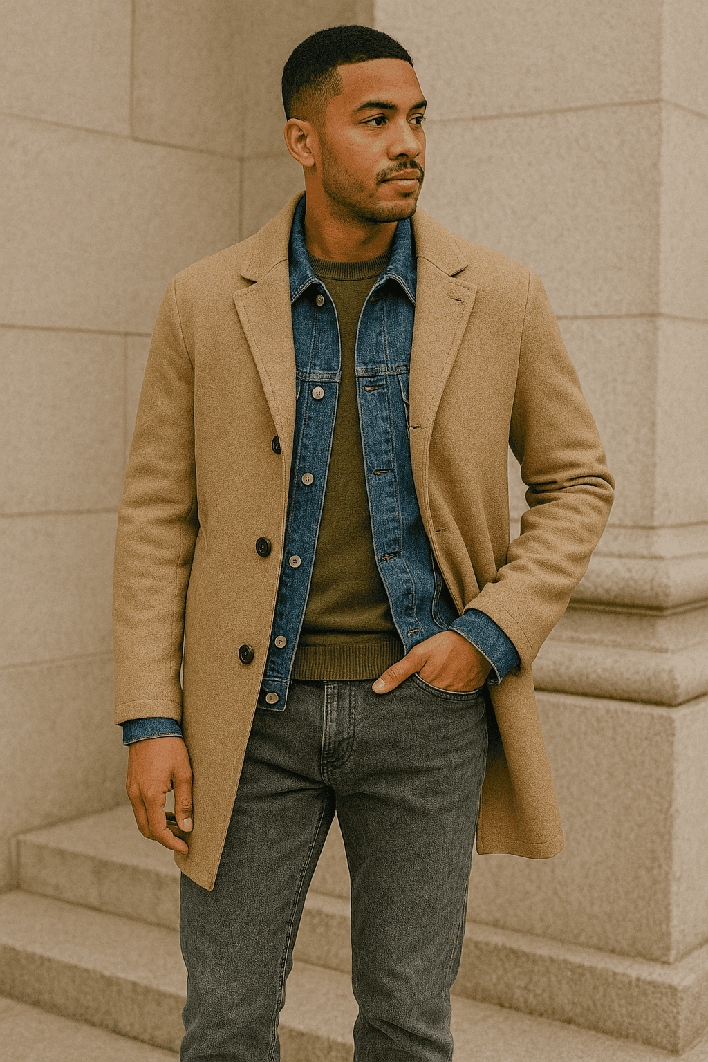Man wearing grey jeans, a shirt, a jean jacket and overcoat, showing how to layer with grey pants