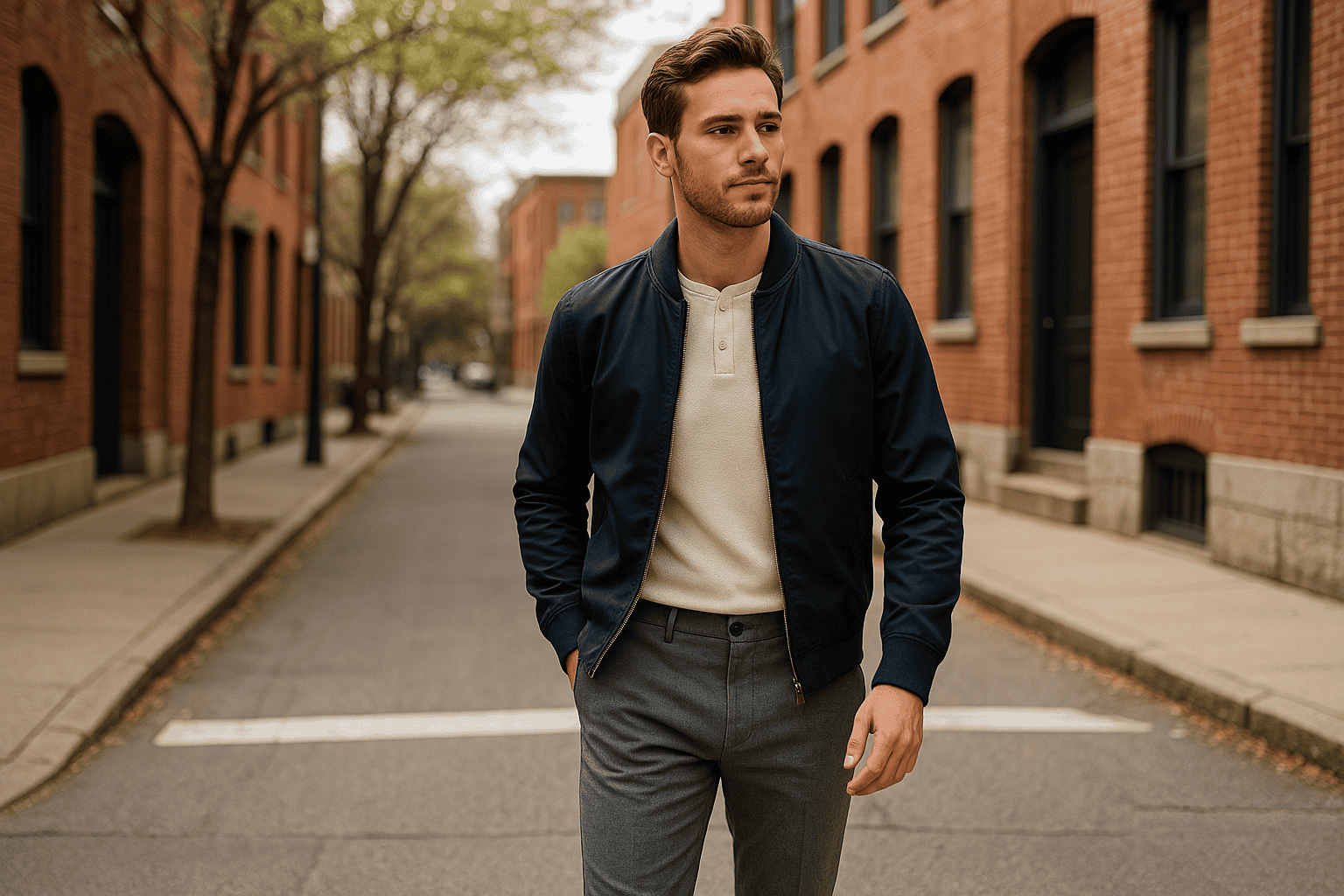 Man walking outside in a white t-shirt, jacket and grey pants