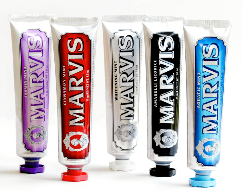 Line up of toothpaste for this marvis toothpaste review