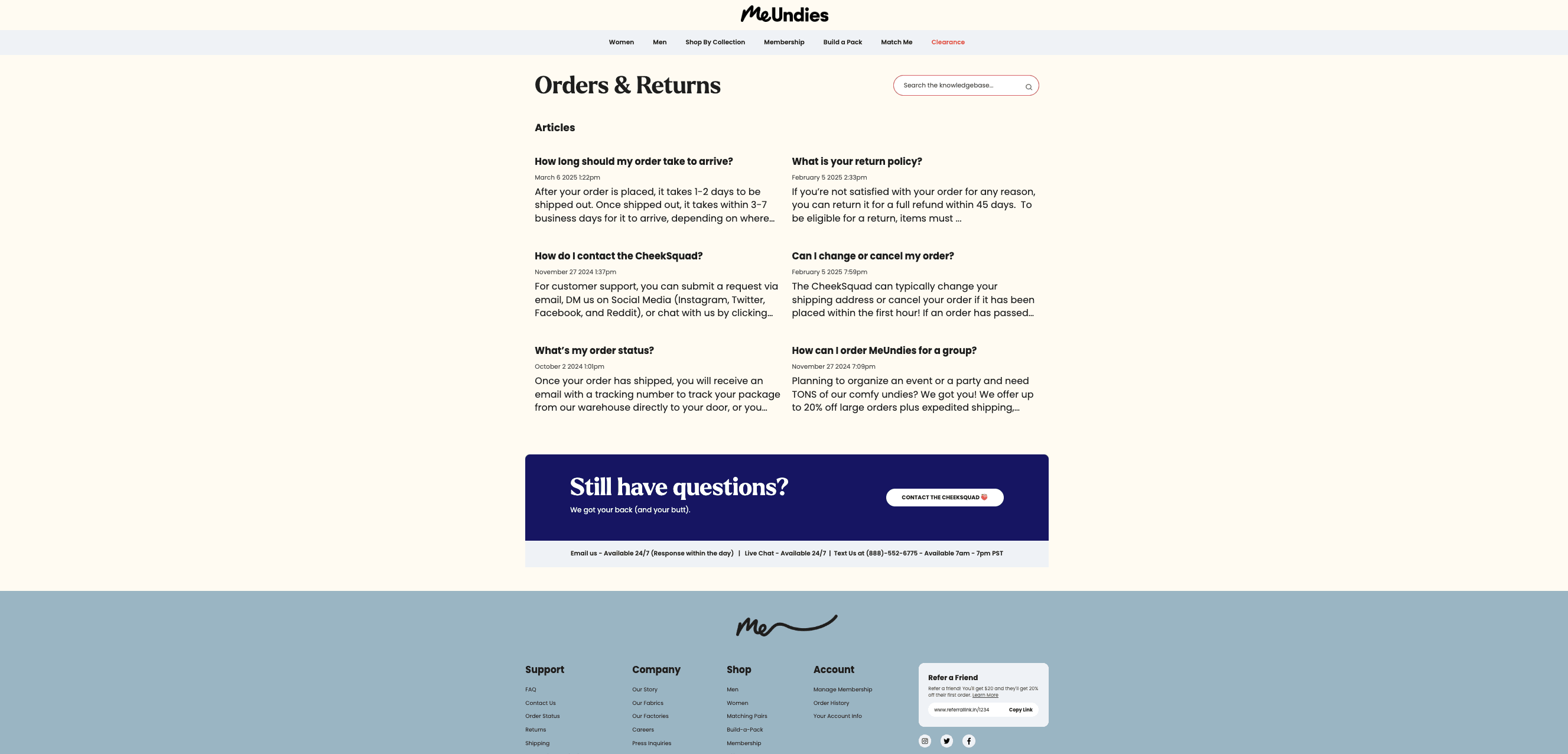 MeUndies Return Policy Page