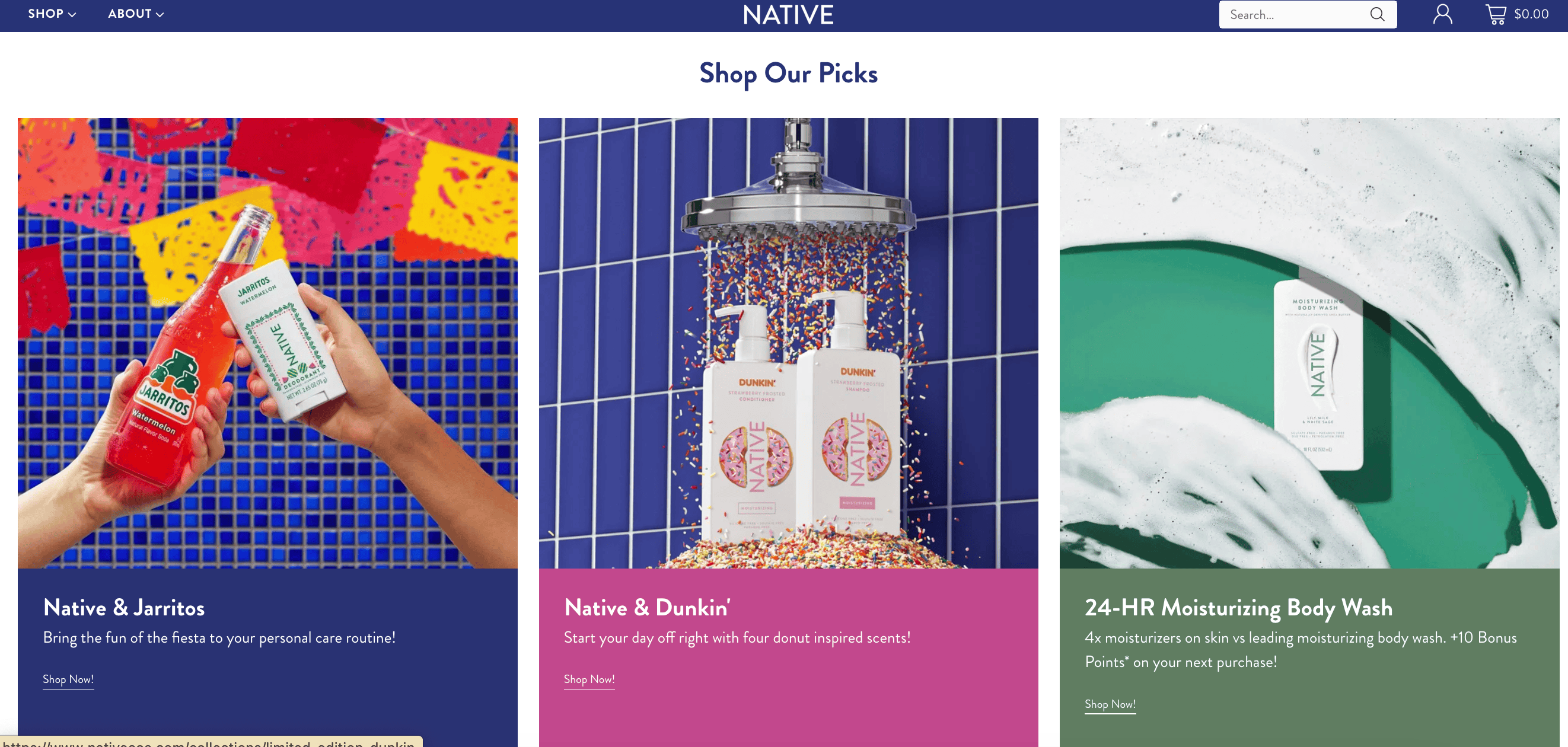 Home page of Native, highlighting Native body wash