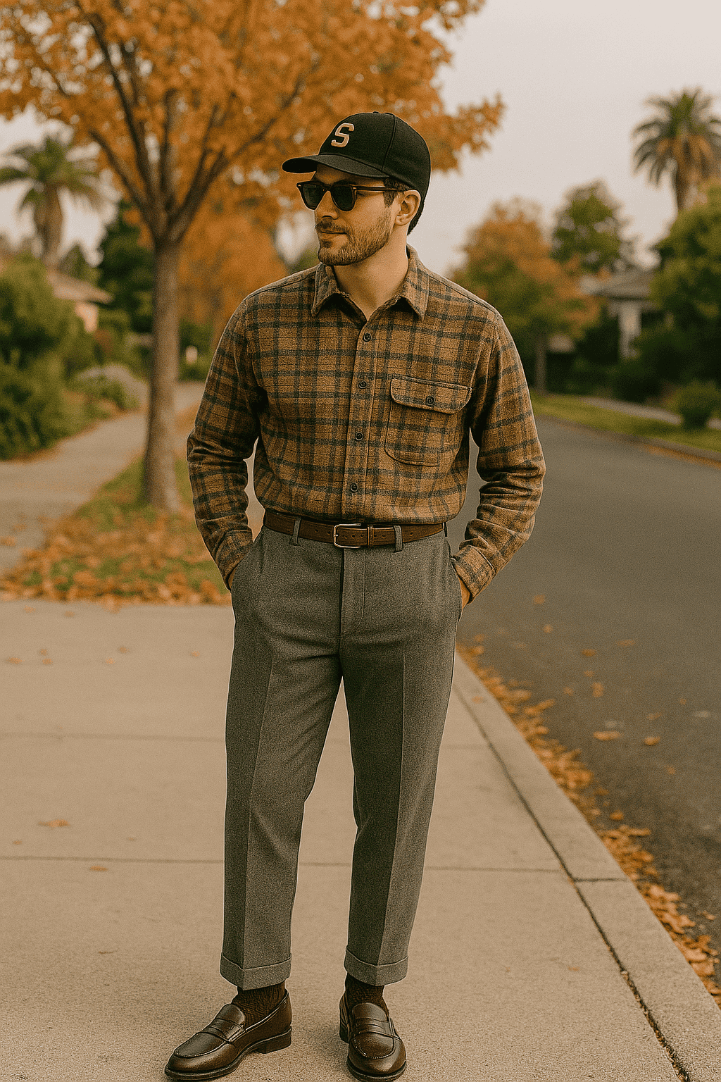 Man standing outside in autumn wearing grey slacks, a plaid shirt, sunglasses and a hat