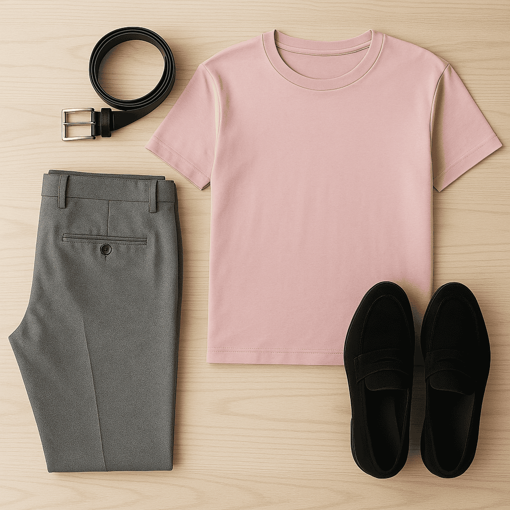 Flat lay of grey pants, pink shirt and accessories