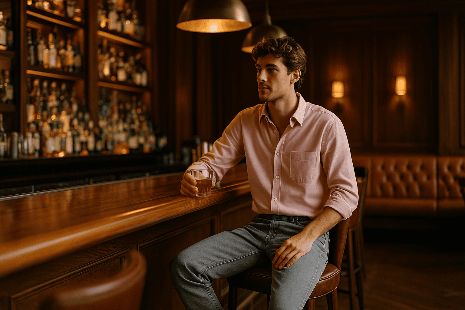 A man wearing a pink shirt and grey pants at a bar