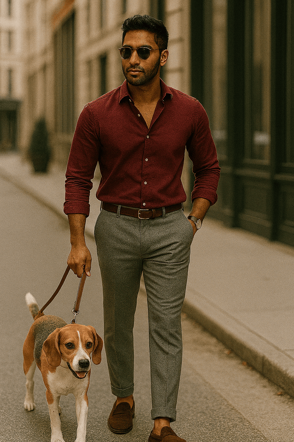 a man walking his dog on the street in a burgundy button up and grey pants