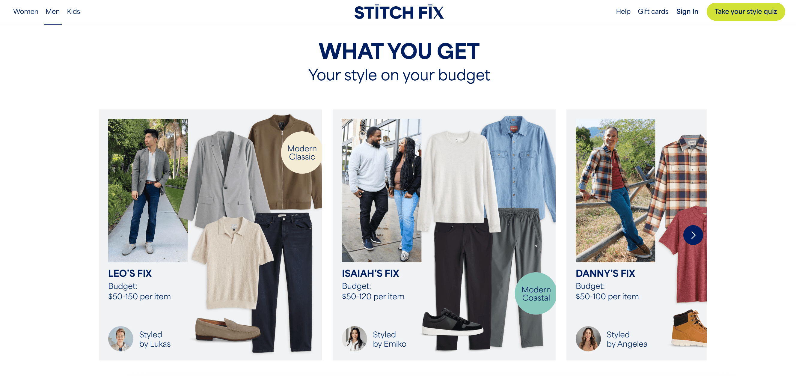 Stitch fix homepage for men, three clothing set layouts