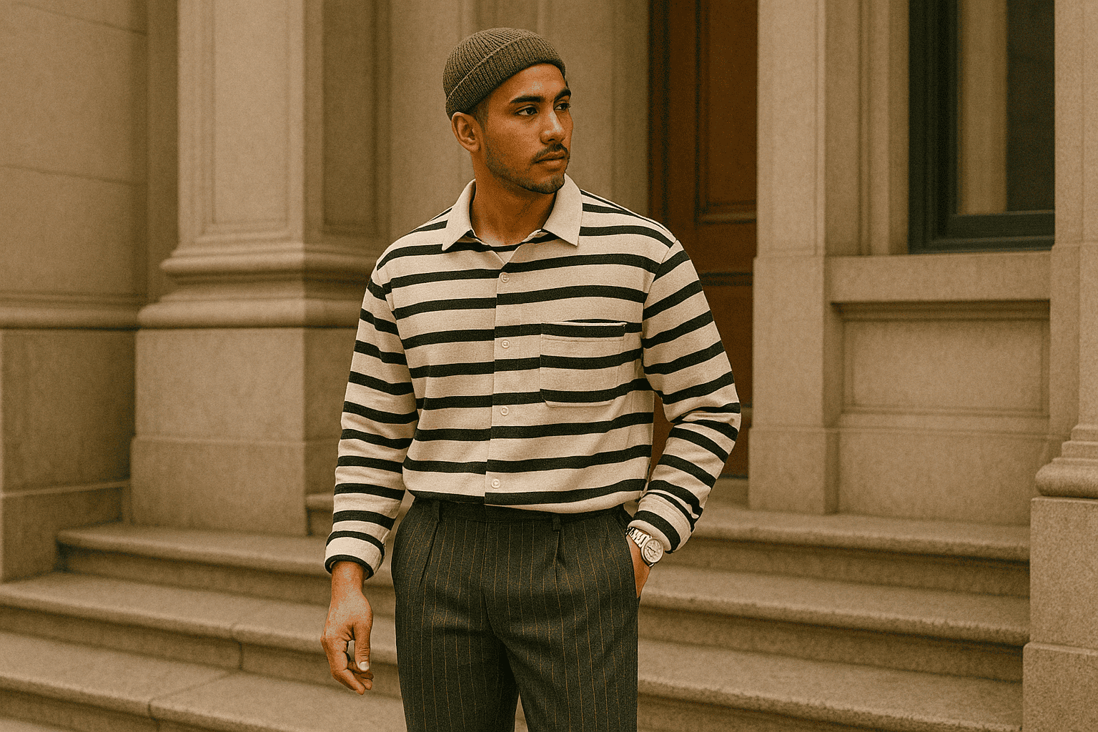 man wearing a beanie outside with a striped shirt and pinstriped pants