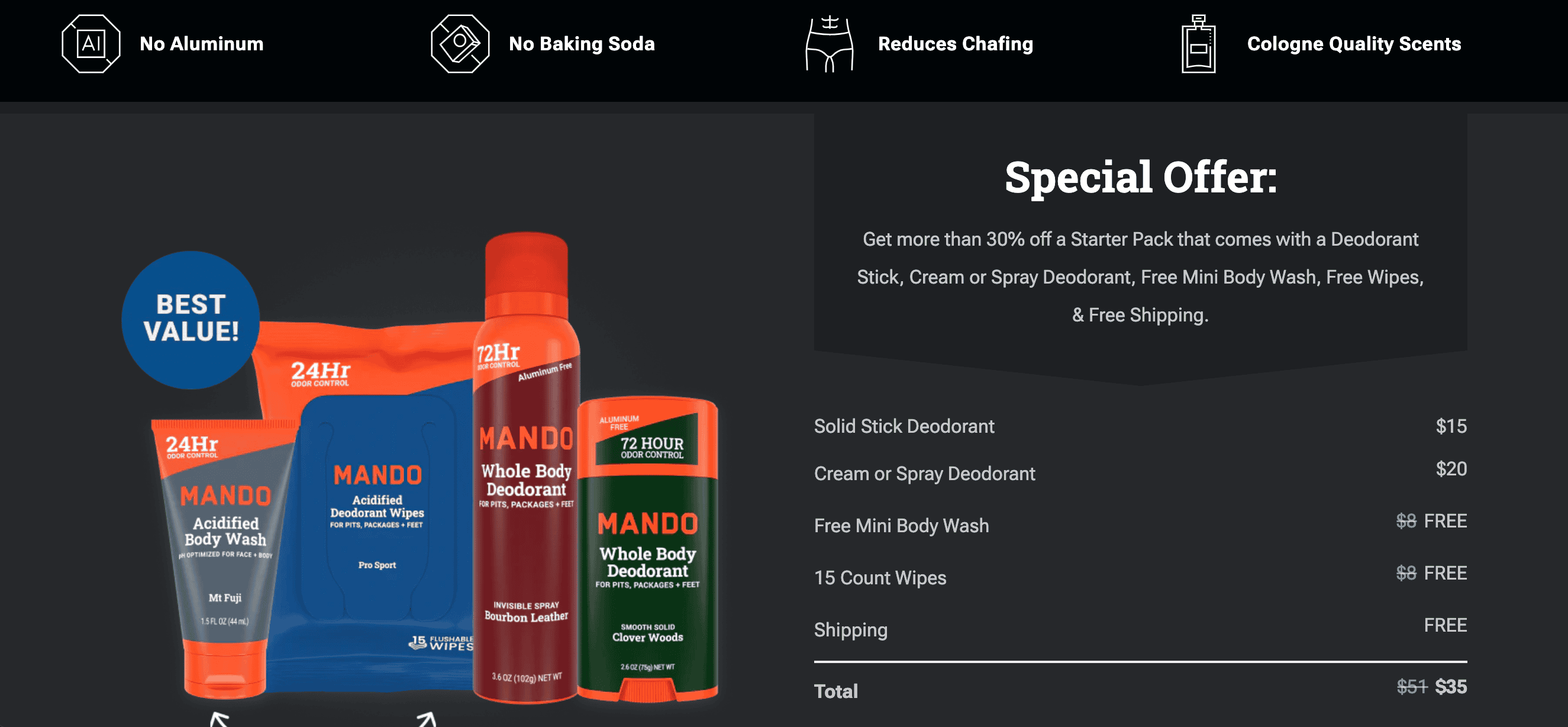 Homepage for Mando deodorant, showing features and pricing for different products for this mando deodorant review