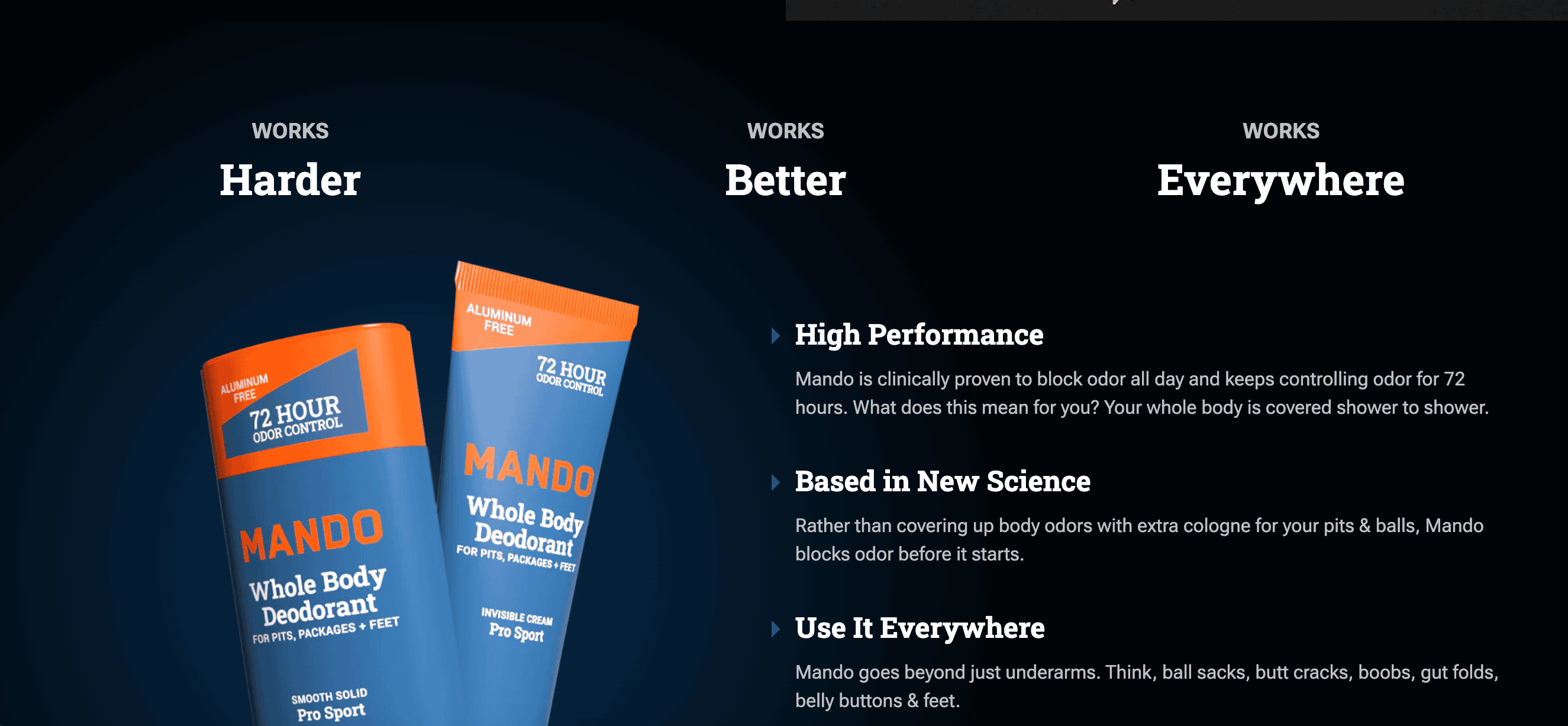 Mando deodorant homepage, showing a breakdown of the deodorants features