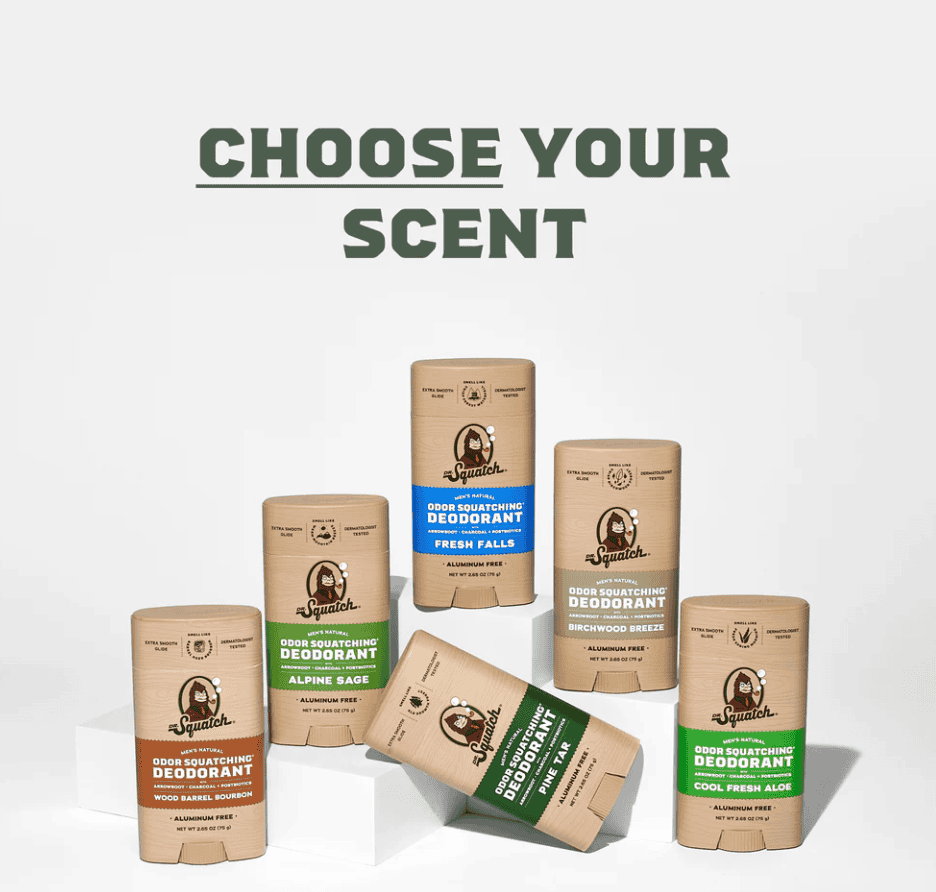 Dr Squatch deodorant product image of multiple deodorant scents and sticks