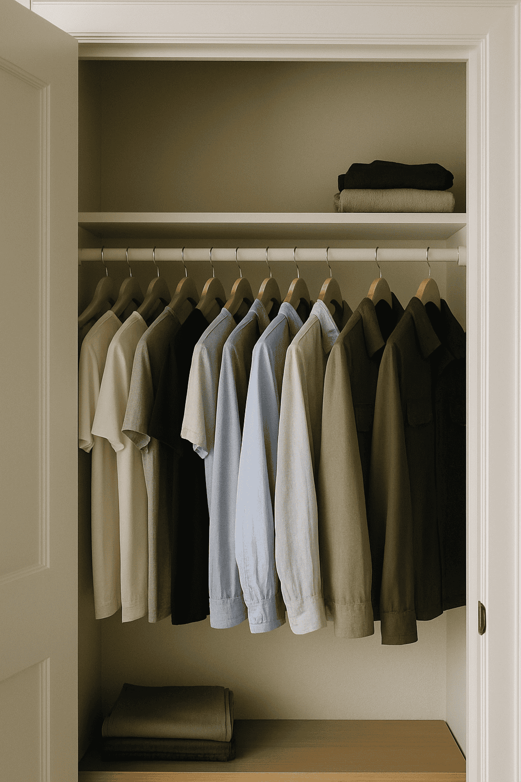 Men's closet with clothes on hangers and folded items below