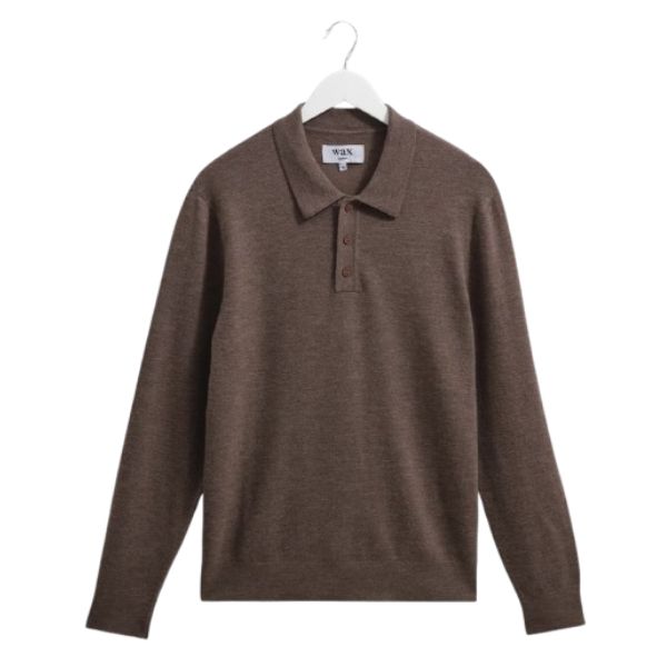 Wax London Brown Marl Worsted Wool Knitted Polo